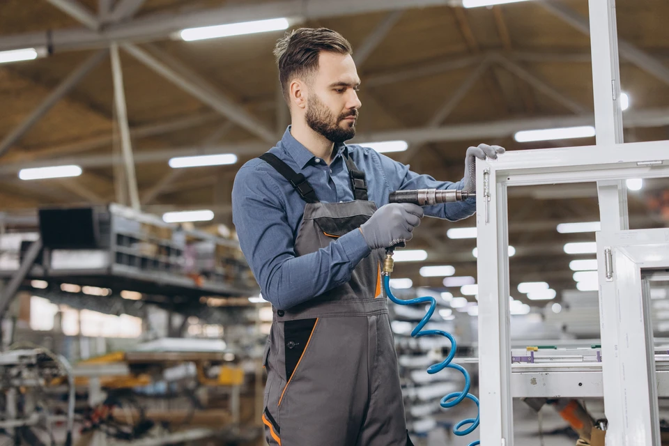 travailleur installation d'une nouvelle fen&ecirc;tre pvc en plastique