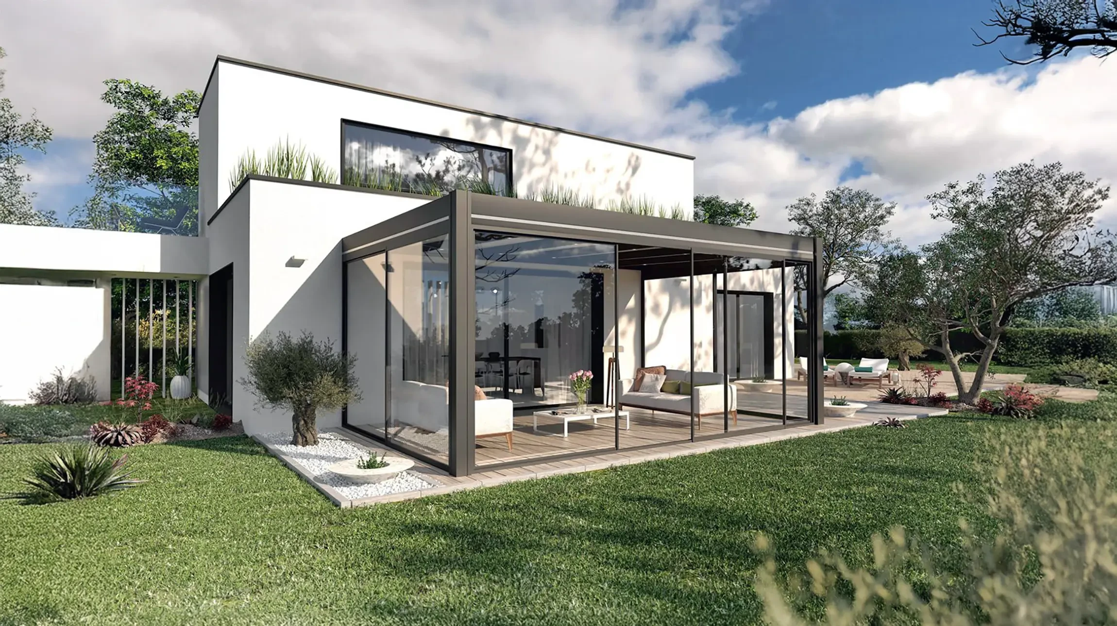 Terrasse moderne avec pergola bioclimatique &agrave; lames orientables en aluminium anthracite