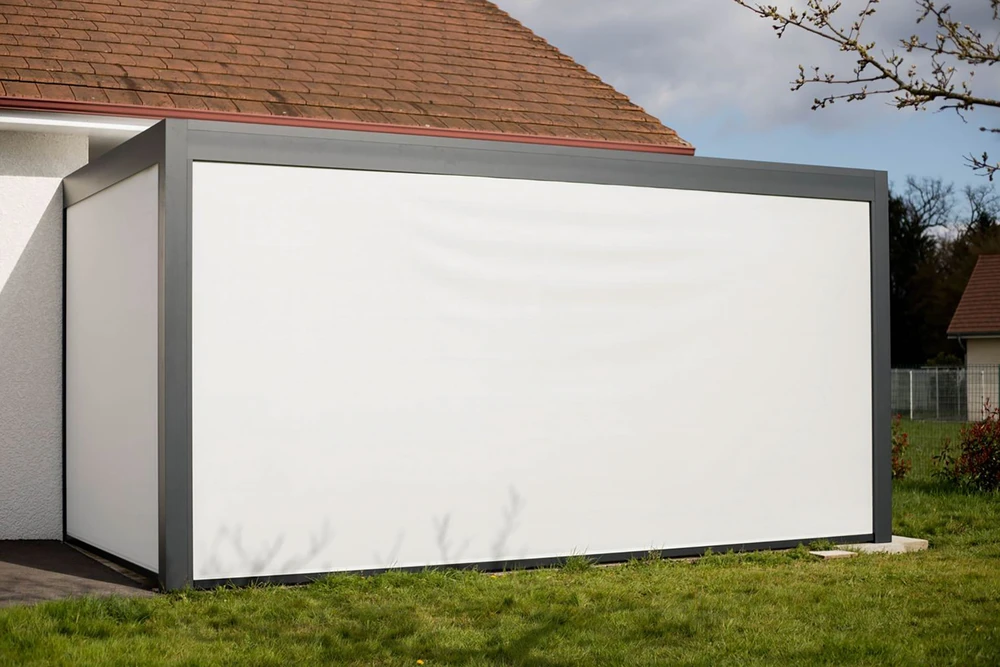 Terrasse extérieure moderne avec pergola bioclimatique à lames orientables et structure métallique anthracite
